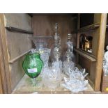 Various glass vases, ewers, ornaments, pair of brass wall lights, pair of candlesticks and other