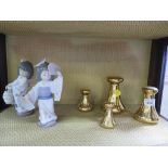 A pair of Lladro figures of Japanese girls 19cm high and a set of four Avery weights