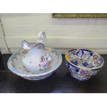 A Victorian wash jug and bowl and an Ironstone pedestal bowl (3)