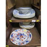 A Japanese Imari colours plate 22.5cm diameter, four Victorian blue and white meatplates, twelve