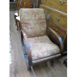 Two 1920s oak framed easy chairs, both as found