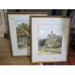 David Pritchard Figures outside thatched cottages - a pair Watercolours, signed 35cm x 27cm