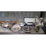 A collection of silver plate to include cased fish servers, entree dish, sweetmeat dish, water