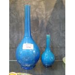 A Japanese shape blue glaze vase, with long neck, 24cm high and another similar 12.5cm high