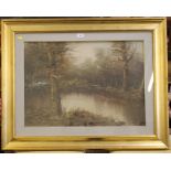 20th Century Autumnal trees around a pond oil on board, indistinctly signed 48cm x 68cm