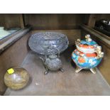 A Chinese bronze miniature kettle 10.5cm high, a pot pourri, a marble ball, cut glass bowl and a