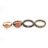 Two paste set eternity rings and two gold signet rings