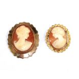 Two shell cameo brooches set in 9 carat gold frames