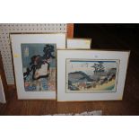 Three 19th century Japanese woodblocks, one depicting an actress 34cm x 24cm, another of a girl at a