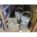 Two brass watering cans, two brass Prince and Princess of Wales doorstops and other brassware