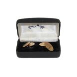 A set of 9 carat gold oval cufflinks, engraved with the initial R, within a case signed by Ronnie