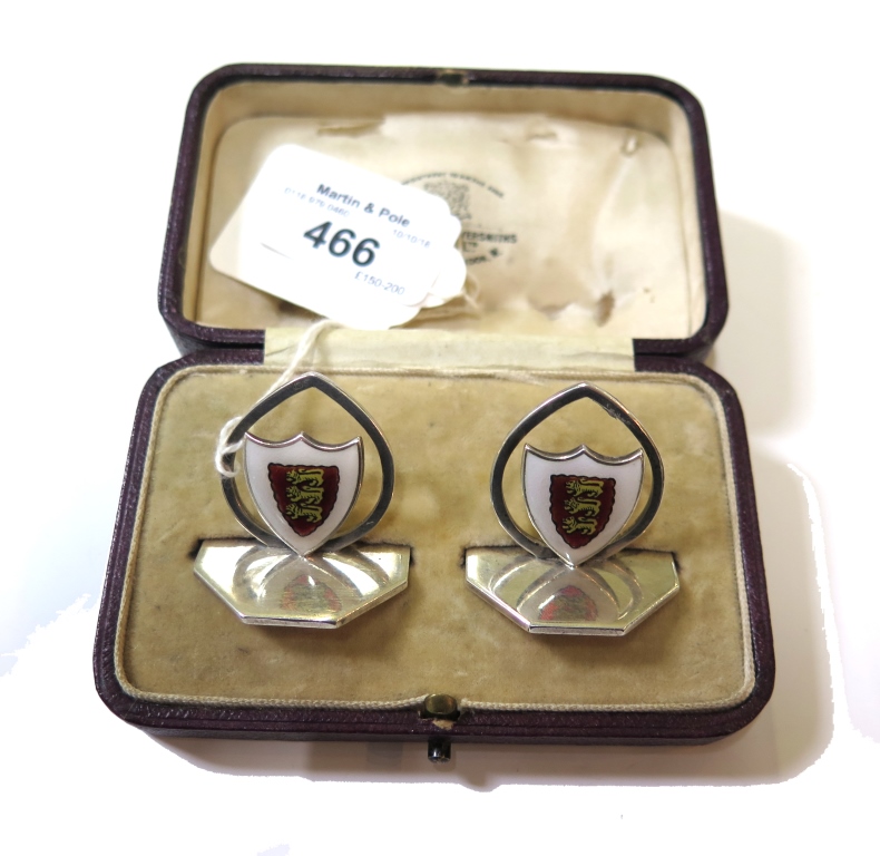 A pair of silver menu holders for Oriel College Oxford, boxed, 1904, retailed by Powell of Oxford