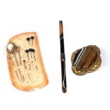 An agate brooch, a collection of stick pins and an agate stick