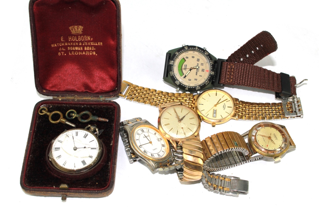 A collection of gentlemen's wristwatches together with a cased ladies silver fob watch