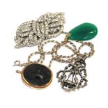 A cameo brooch, a green stone brooch, a double clip and a silver pendant