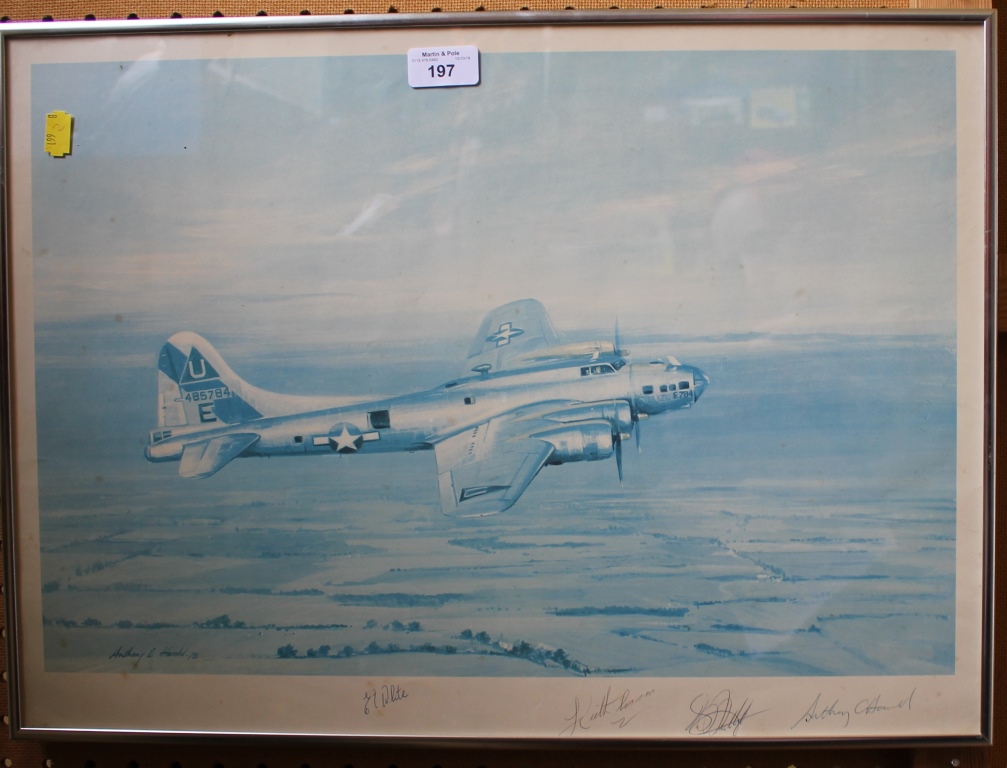 A signed print of the B-17 bomber Sally-B after Anthony Harold, signed by the artist and by