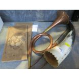 A copper coaching horn, a Norwegian cow horn inscribed Röisheim and two cigarette card albums