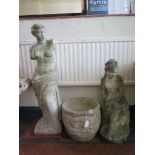 Two reconstituted stone garden ornaments of Classical figures and a relief moulded jardiniere