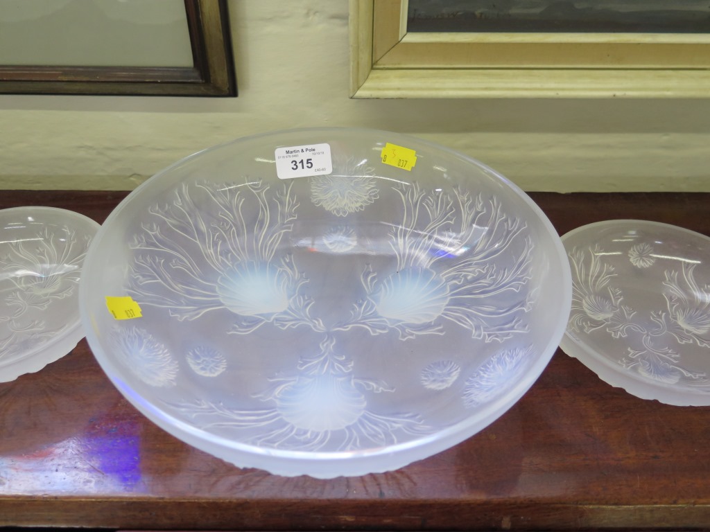 An Art Deco style opalescant glass dessert set, with shell and seaweed pattern with large bowl