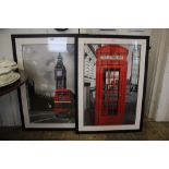 Two photographic prints of London Icons - a telephone box and a bus outside Westminster Palace