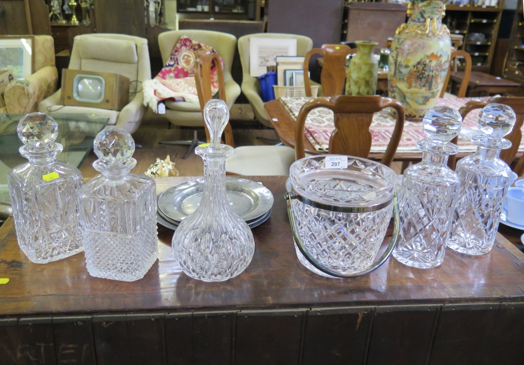 A Waterford glass ice bucket, with etched mark, 16cm high, two square glass decanters, a pair of