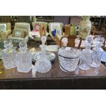 A Waterford glass ice bucket, with etched mark, 16cm high, two square glass decanters, a pair of