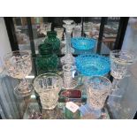 Four glass Gothic-style goblets, pressed glass candlestick and turquoise bowl, Waterford cut-glass
