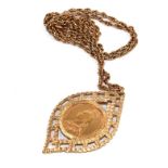 A Victorian mounted sovereign on a gold neck chain