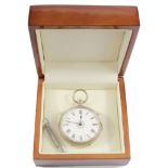 A lady's silver fob watch with a decorative white enamel dial complete with key