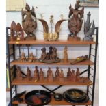 A pair of Eastern mounted goat's horns, and a collection of Far Eastern wood carvings and lacquer