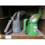 A Castrol branded oil can, four blow torches and an oil lantern