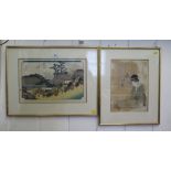 Three 19th century Japanese woodblocks, one depicting an actress 34cm x 24cm, another of a girl at a