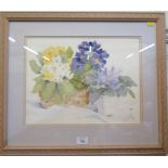 Phyllis Gundry Study of Primulas in a basket Watercolour Monogrammed 29cm x 39cm