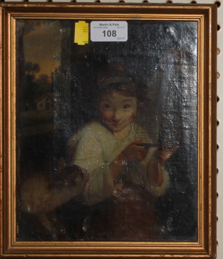 19th century English School A girl holding up a birdcage Oil on canvas 23.5cm x 19cm