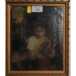 19th century English School A girl holding up a birdcage Oil on canvas 23.5cm x 19cm