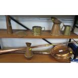 A copper coaching horn, 130cm long, a copper warming pan and other small copper and brass wares