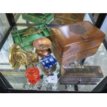 A wooden box with carved decoration and fitted interiors, brass letter rack, clock stand bracket,