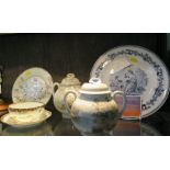 A Kutani egg shell porcelain teacup, saucer and plate, all depicting samurai, two Kutani lidded