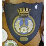 A cast iron Royal Navy badge for HMS Derwent, on a presentation shield with plaque commemorating the