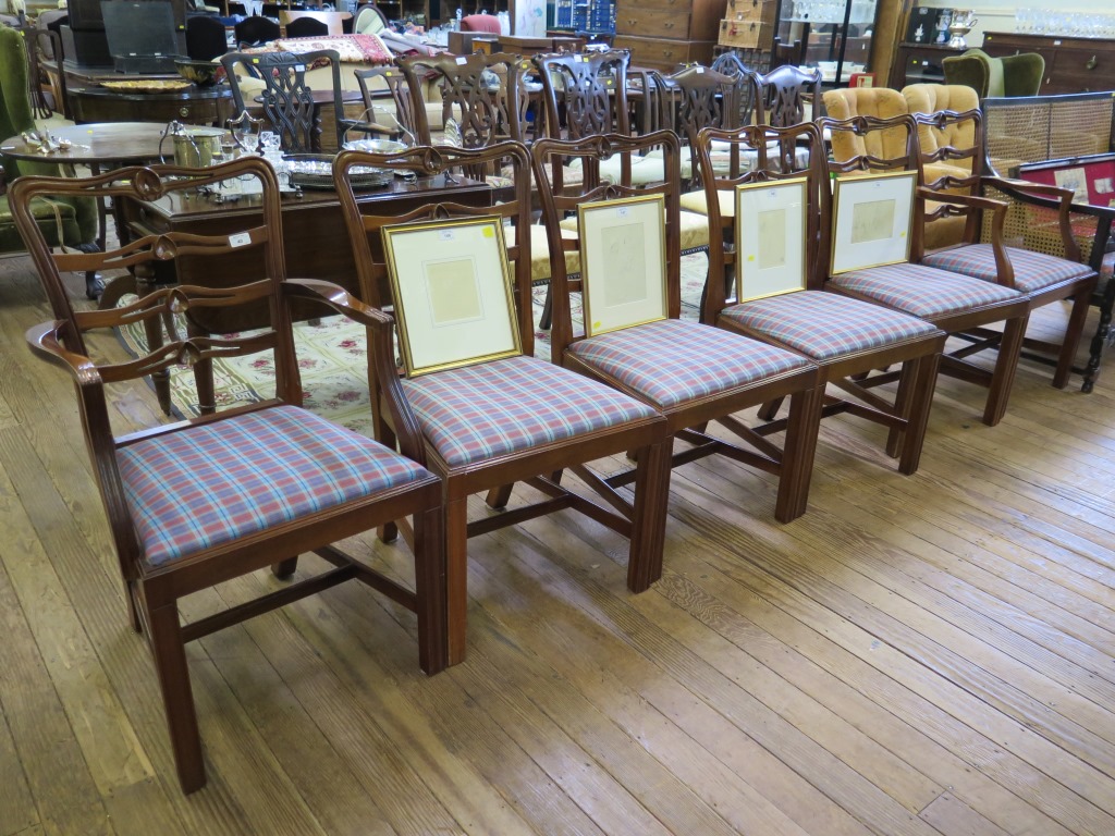 A set of six George III style reproduction ladderback dining chairs, with moulded square legs,