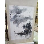 Four Japanese scroll paintings, two floral designs, a landscape and one of bamboo (4)