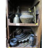 Two trays of Eastern brasswares, and an Art Nouveau style brass framed table mirror, all as found