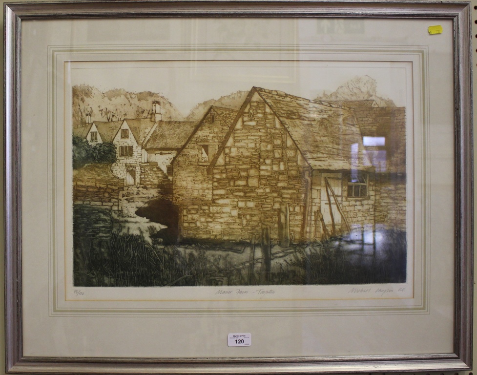 Michael Chaplin Manor Farm, Taynton Aquatint in green and brown Signed, inscribed and numbered 86/