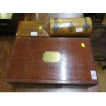 A 19th century mahogany writing box, with initialled brass plaque 40cm wide, a Victorian brass bound