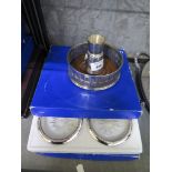Eight Italian crystal glass and silver plate coasters together with a silver plated bottle coaster
