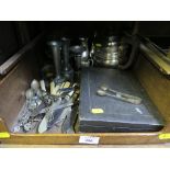 A selection of silver plate including teapot, cream jug and cutlery (one tray)