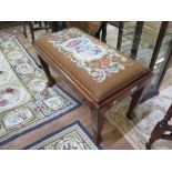 A small glass and mahogany framed cabinet with glass shelves, 37cm wide, and a mahogany stool (2)