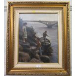 20th century Children on a riverbank with fisherman and road bridge beyond oil on canvas,