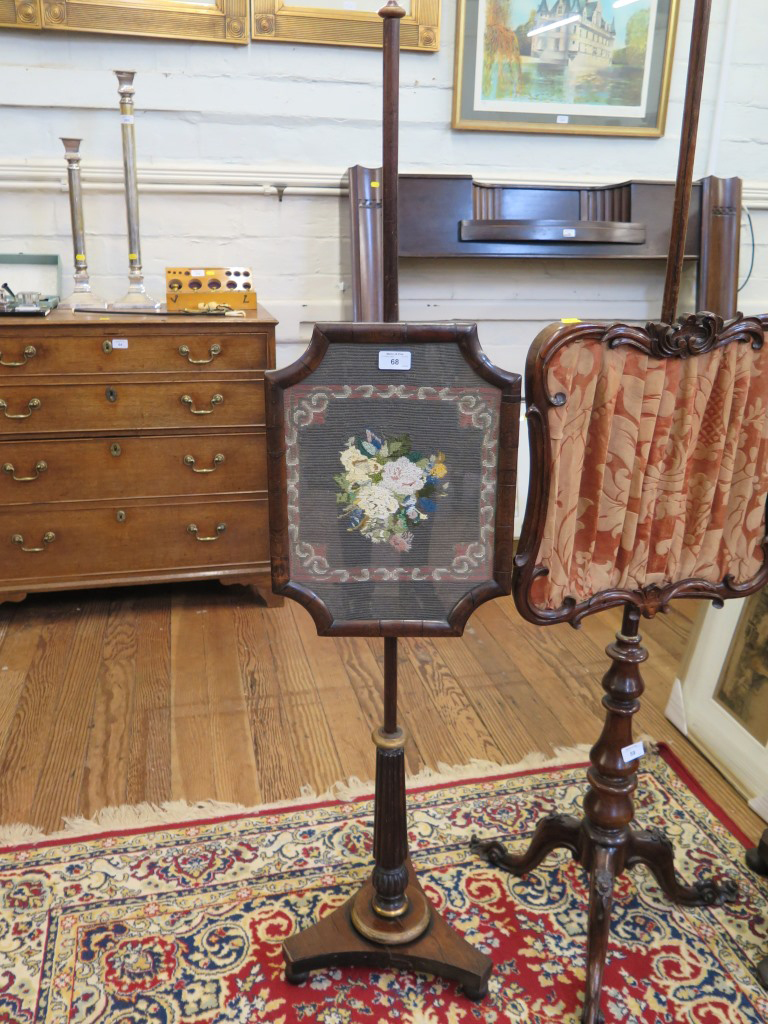 A Regency rosewood pole screen, the floral woolwork panel on a reeded stem and platform base with