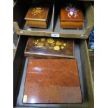 Three Sorrento Italian jewellery boxes (two musical) and another burr walnut with internal mirror